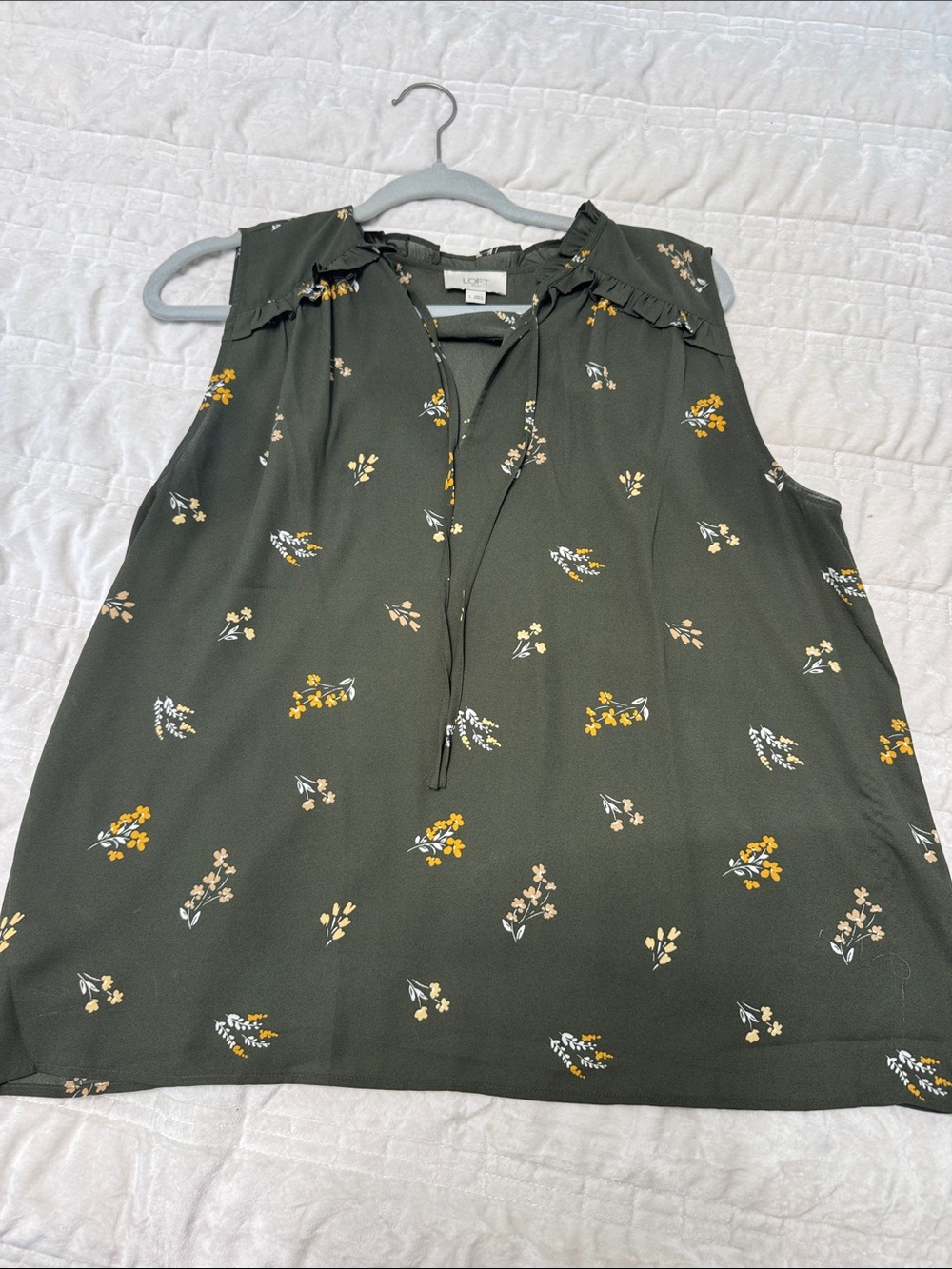 LOFT Olive Green Floral Ruffle Neck Sleeveless Top